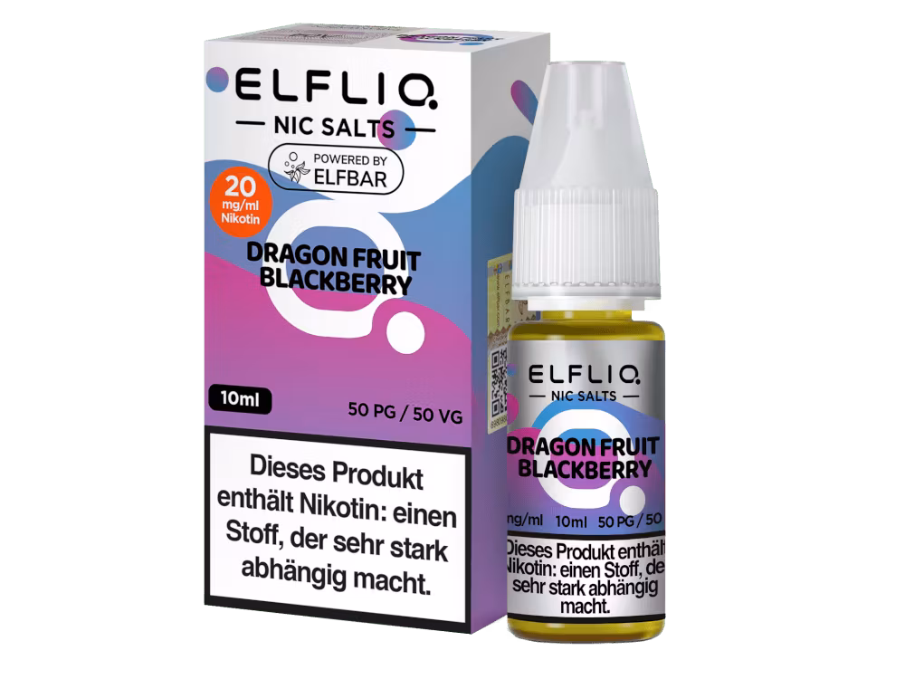 ELFLIQ - Dragon Fruit Blackberry - Nikotinsalz Liquid 1 ELFLIQ Dragon Fruit Blackberry Nikotinsalz Liquid – 10 ml Fertigliquid von Elfbar mit exotischer Drachenfrucht und reifer Brombeere. Direkt dampfbar, keine Vorbereitung nötig. Erhältlich in 10 mg/ml und 20 mg/ml. Ideal für Pod-Systeme und MTL-Verdampfer. 50/50 PG/VG-Verhältnis für intensiven Geschmack. Jetzt im LETZ Go Shop bestellen.
