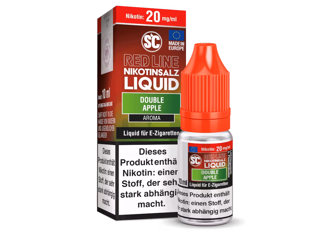 SC - Red Line - Double Apple - Nikotinsalz Liquid 1 SC Red Line Double Apple – Nikotinsalz-Liquid mit rotem und grünem Apfel sowie frischer Cooling-Note. Erhältlich in 0, 5, 10 und 20 mg/ml.