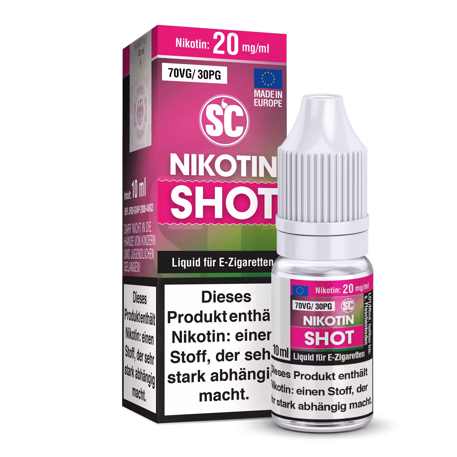 Nikotin Shot Flasche mit 10 ml Inhalt, für E-Zigaretten, rosa und weißes Design, Made in Europe, 20 mg/ml Nikotin, einfach zu verwenden, ideal für Dampfer.