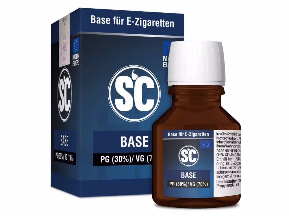 SC Basis 50ml - 0 mg/ml 1 Basis E-Zigaretten Liquid in brauner Flasche und Verpackung.