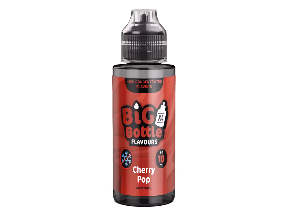 Big Bottle Cherry Pop 10 ml 1 Big Bottle Cherry Pop ist ein nikotinfreies 10 ml Longfill-Aroma in der 120 ml Flasche mit süßem Kirschlolli-Geschmack. Zum Anmischen mit Base und optionalen Nikotinshots geeignet, nicht unverdünnt verwenden, kurze Reifezeit empfohlen.