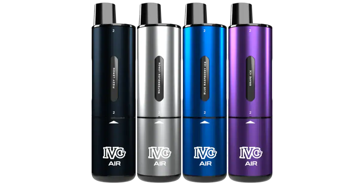 IVG AIR 4in1 Akku 1100 mAh (Basisgerät) 4 Rote, blaue, silberne und lila E-Zigaretten Akkus in einer Reihe, beeindruckende Oberfläche, moderne Komponenten, stilvolles Design, verschiedene Geschmacksrichtungen - Fizz, Wasser ML, Blaubeereis, Traubeis.